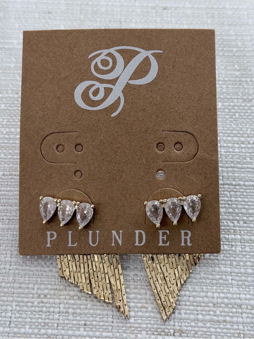 Plunder Gold Tone Clear Teardrop Trio Stud Earrings